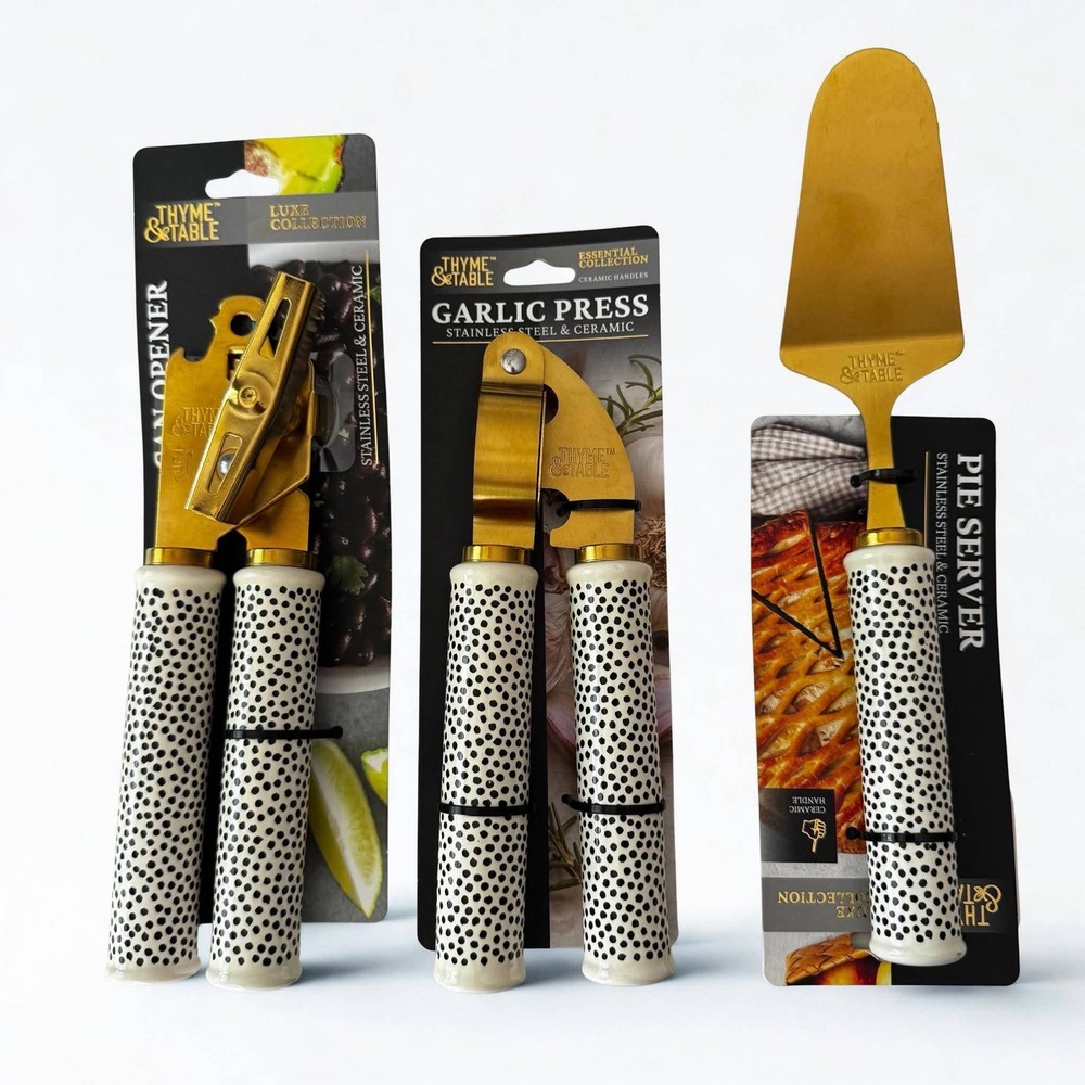 Thyme Table Gold Stainless Steel Ceramic Handle Set Of 3 Opener Garlic Press Pie